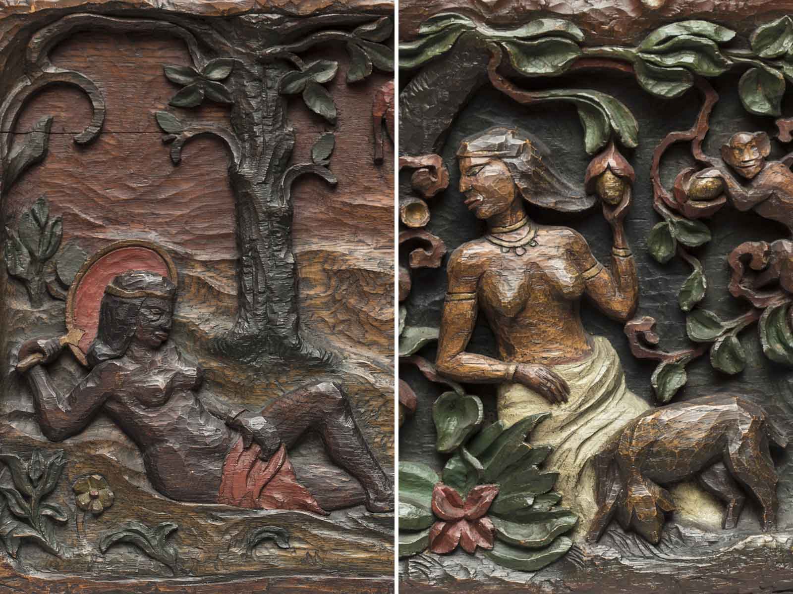 Paul Gauguin, Reclining Woman with Fan, detail, and Woman with Mangoes, detail, 1889