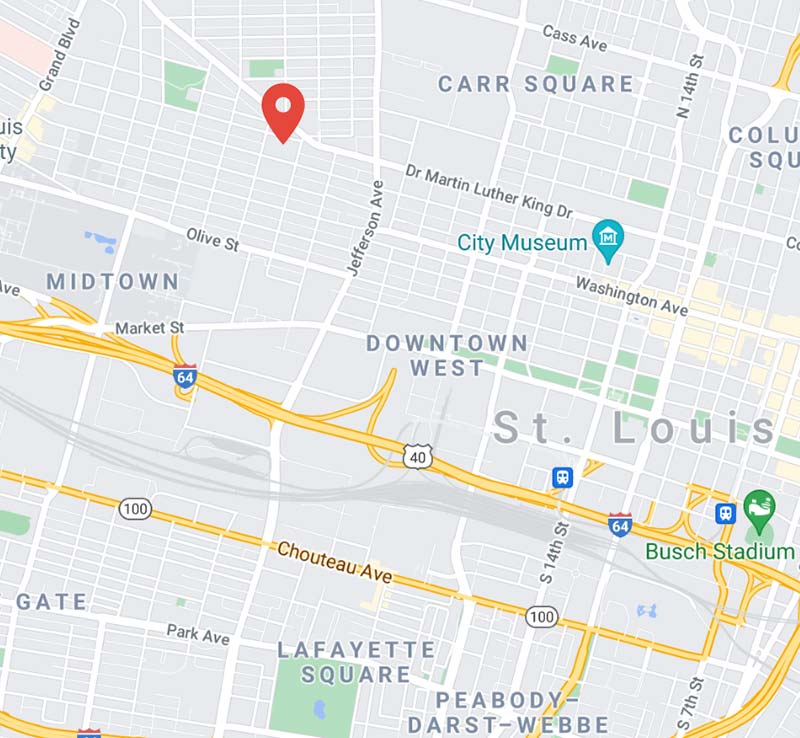 Detail map of the former location of Leroy White’s Wall of Respect mural on Franklin Avenue, St. Louis (red marker).