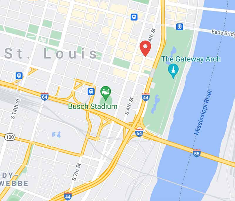 Detail map of the site of Robert J. Wilkinson’s business at 4th and Pine Street, St. Louis (red marker).