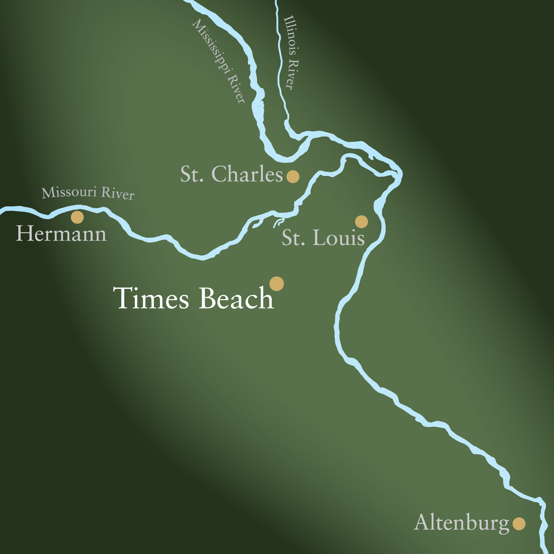 Detail of the Confluence Region Map highlighting Times Beach, Missouri.