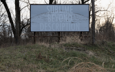 Billboard surrounded by brown grass shows snow covered mound. Reads "Sublime Beyond Description"