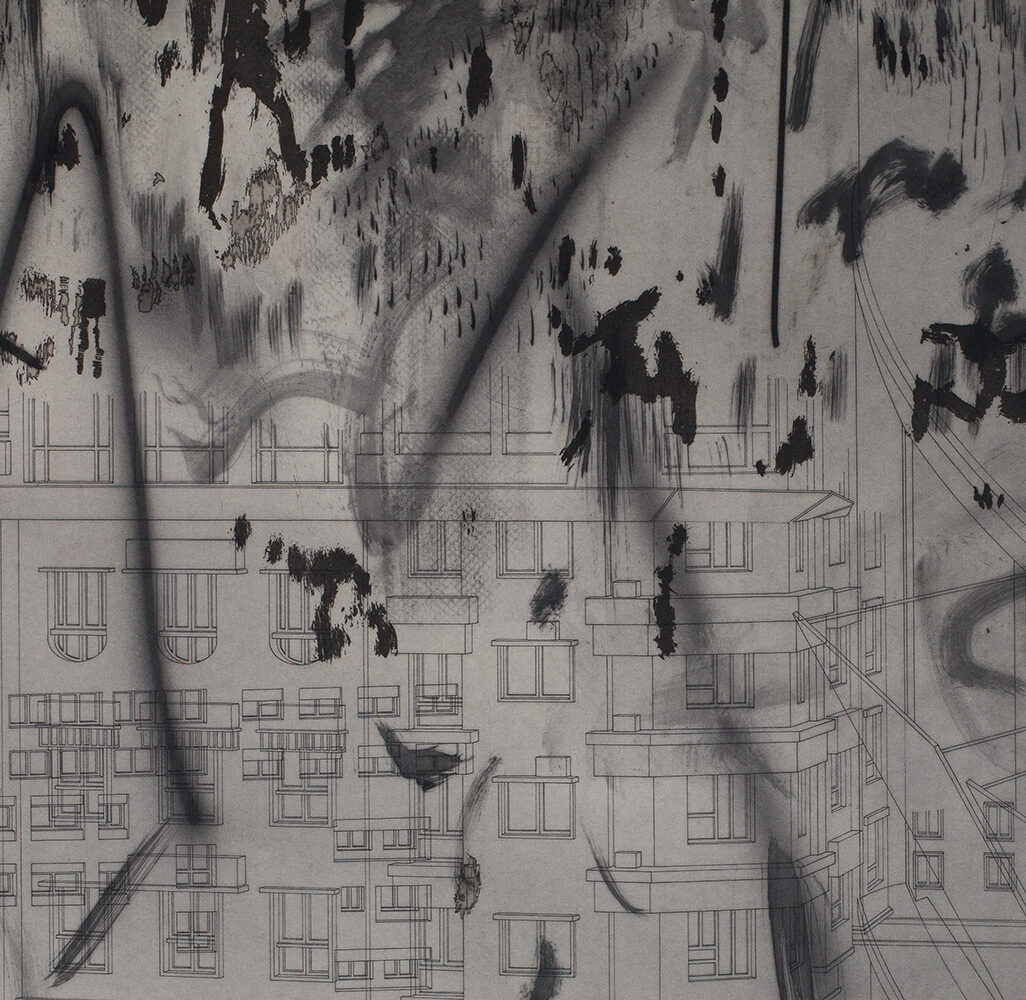 Cityscape outline with black markings over it.