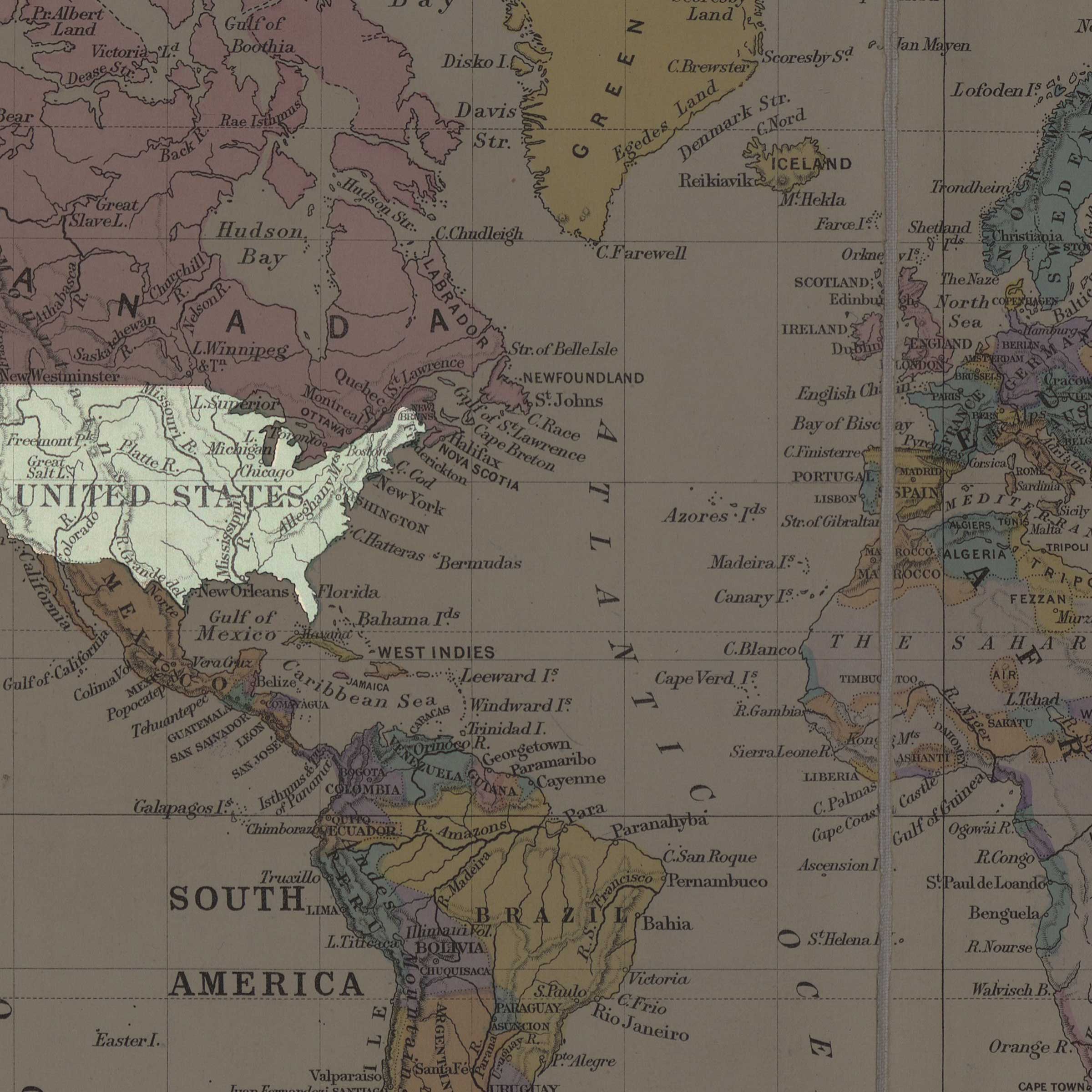 A 19th-century map with the United States of America highlighted.