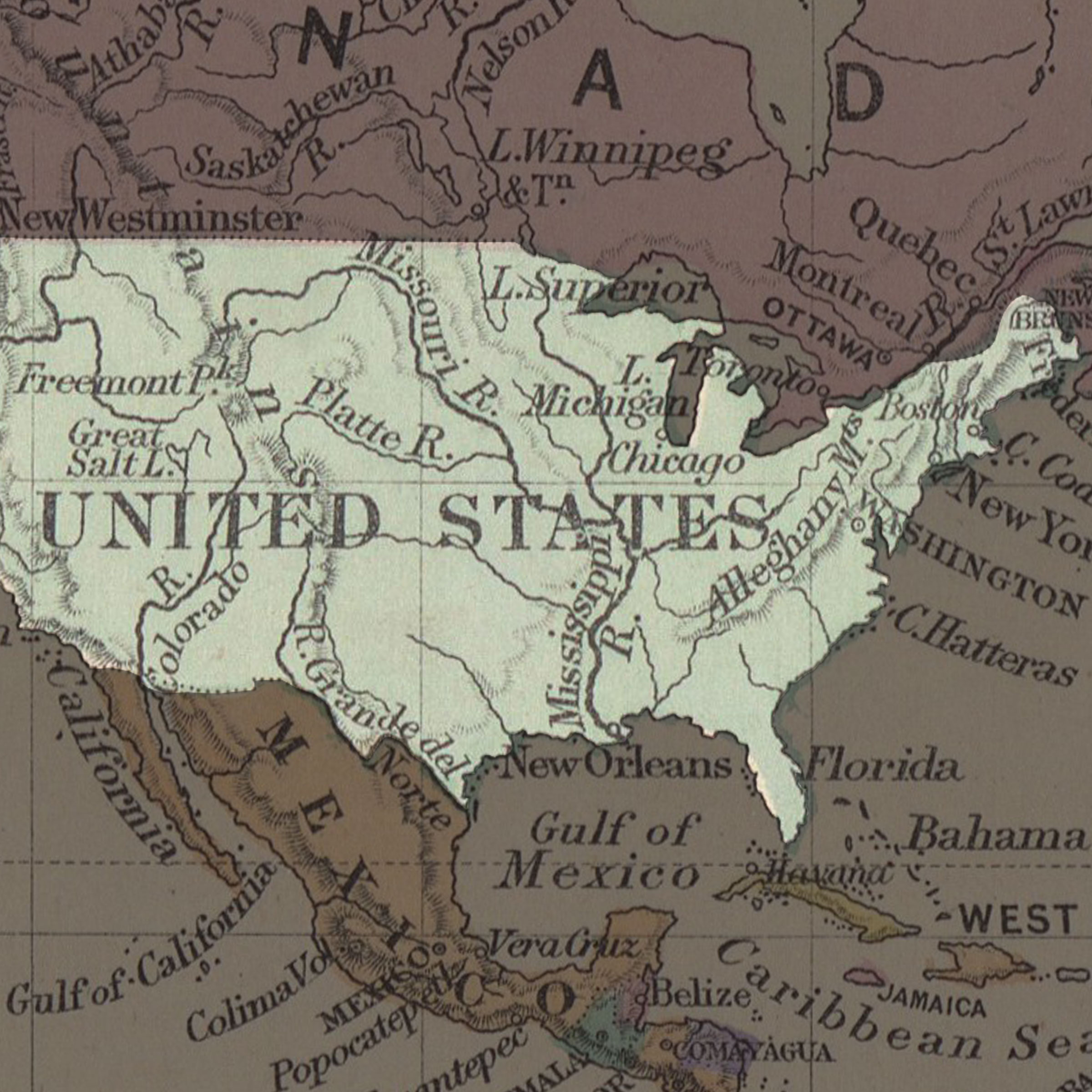A closer view of a 19th-century map with the United States of America highlighted.