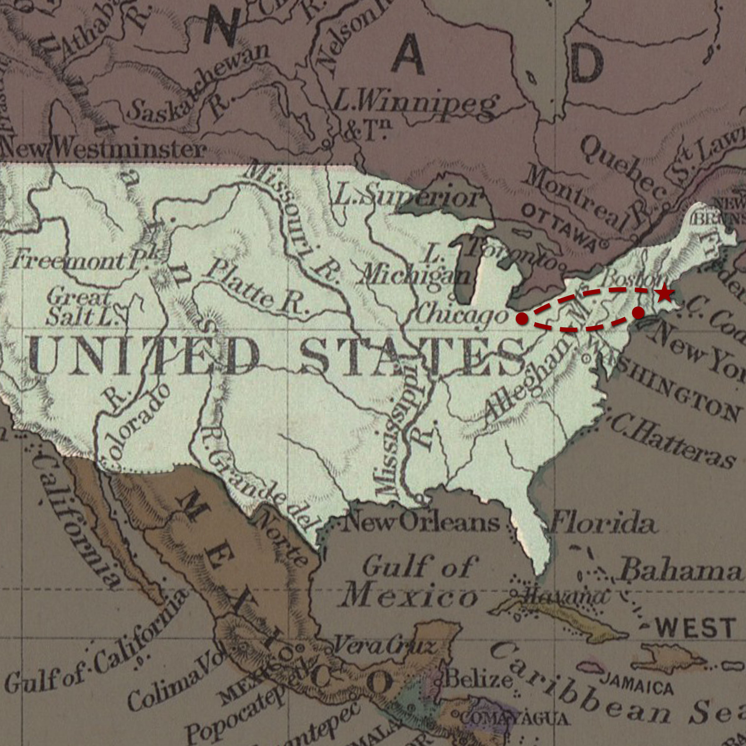 A 19th-century map with the United States of America highlighted, with a dashed line connecting Oberlin to Boston.