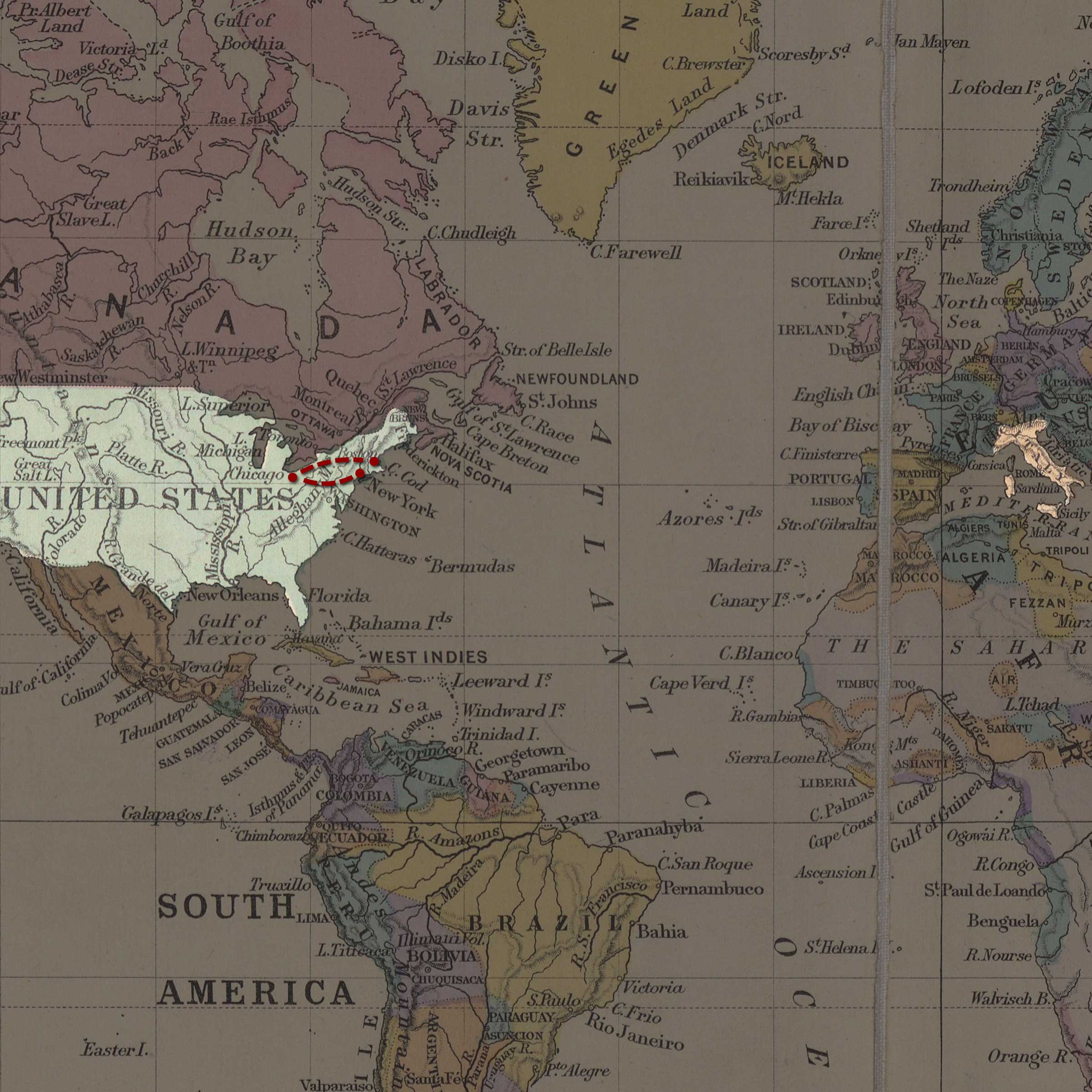 A 19th-century map with the United States of America and Italy highlighted.