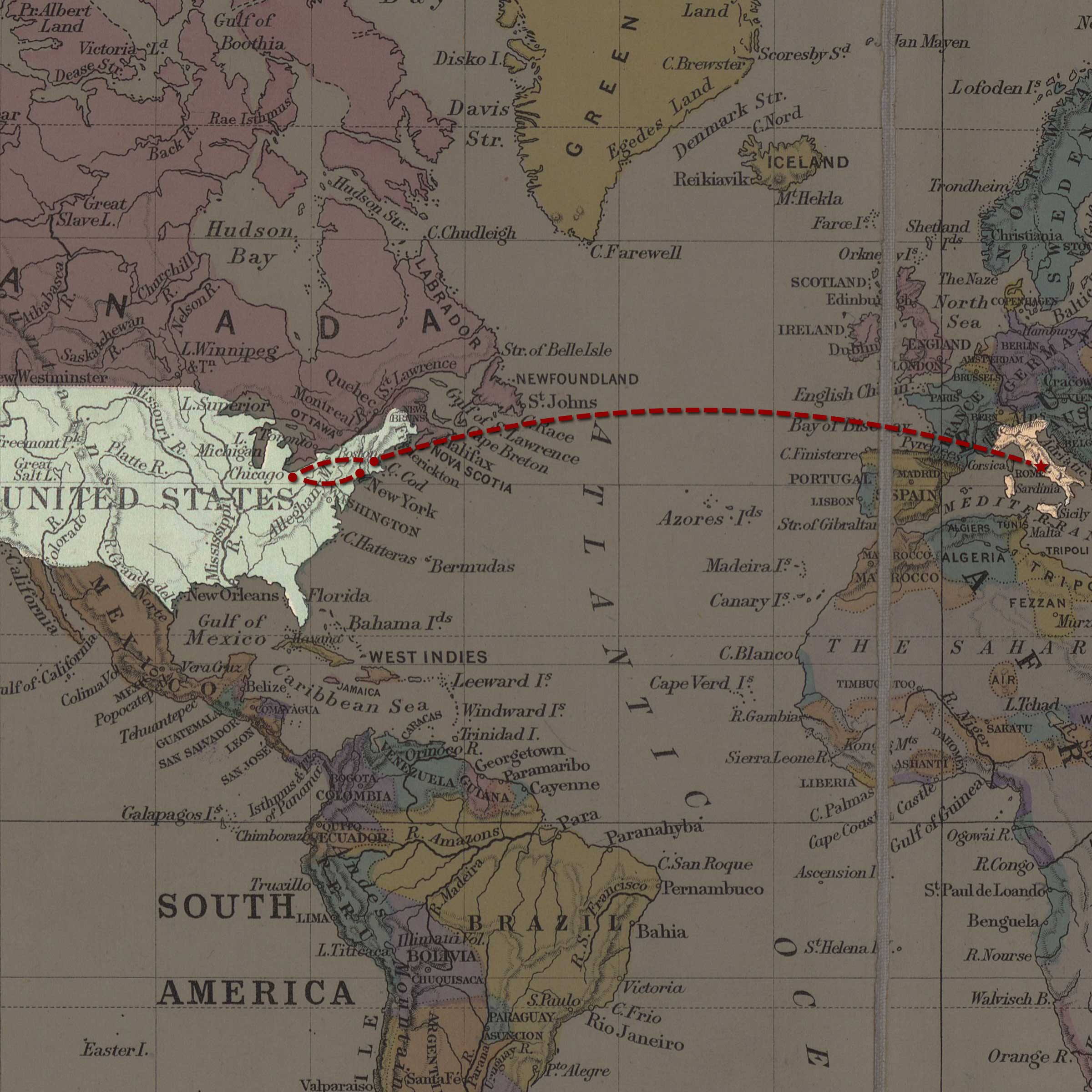 A 19th-century map with the United States of America highlighted, with a dashed line connecting Boston to Rome.