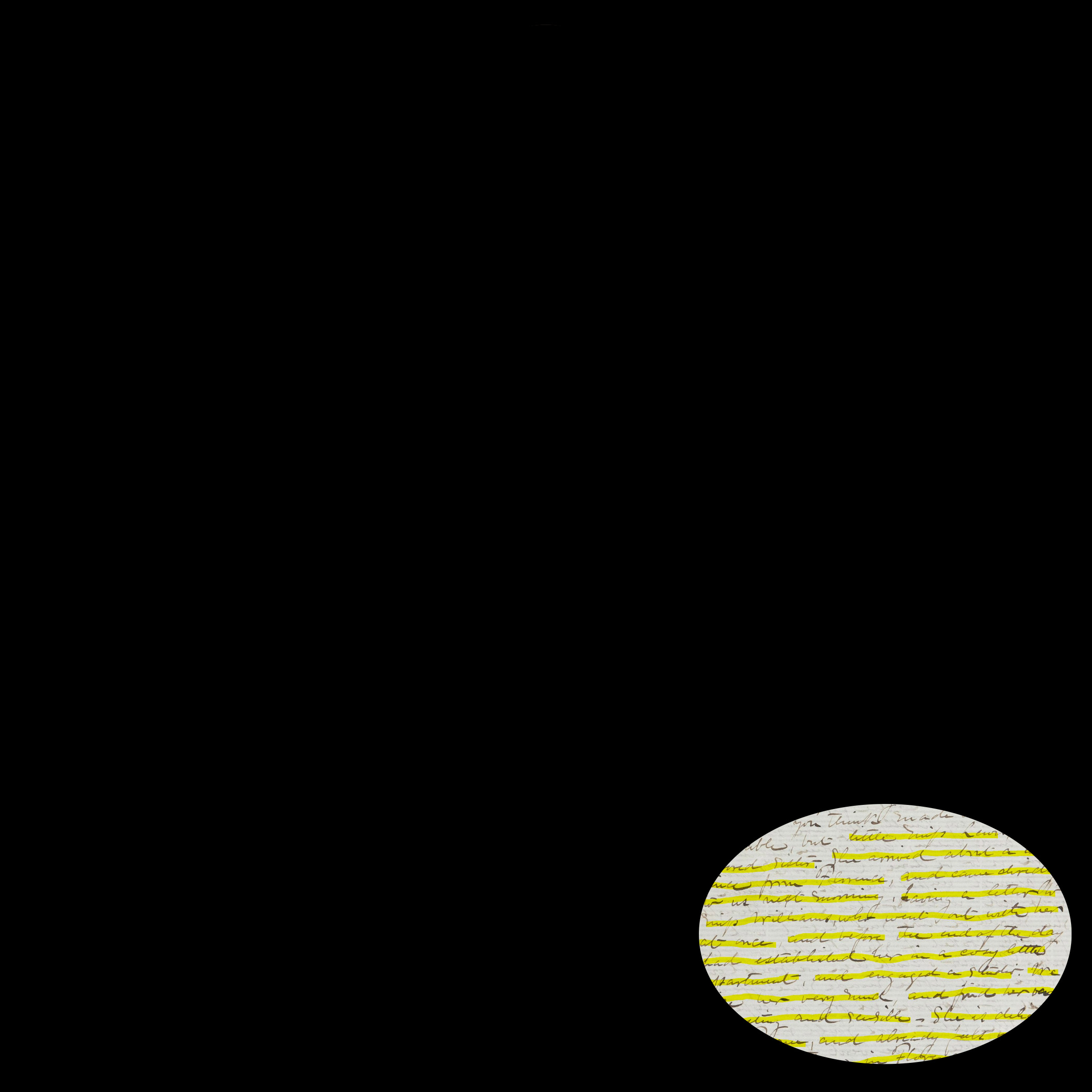 Oval crop of a handwritten letter from the 19th century, with a black background.
