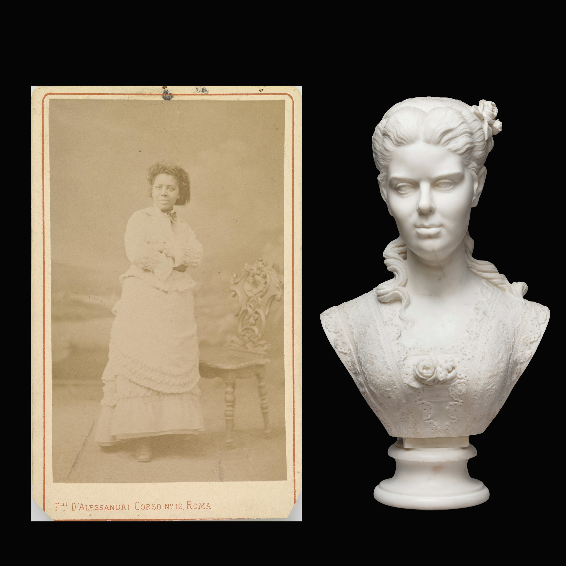 Side by side images of an archival photograph of standing Black woman and a marble statue depicting a woman.