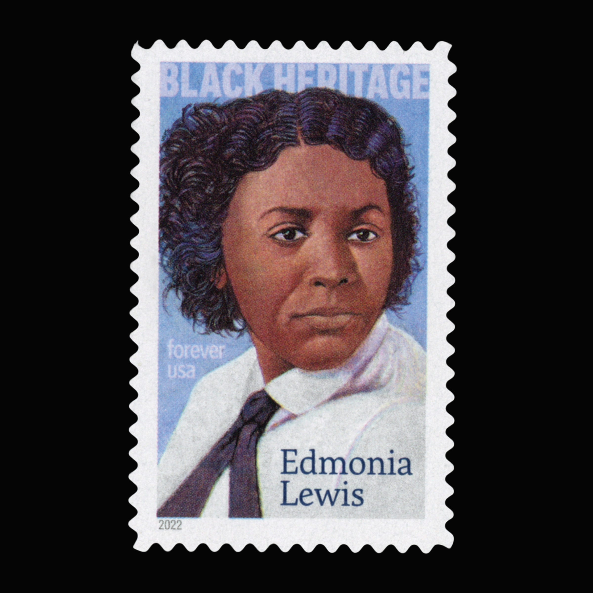 Postage stamp depicting a Black woman, with the words Black Heritage at the top and Edmonia Lewis at the bottom.