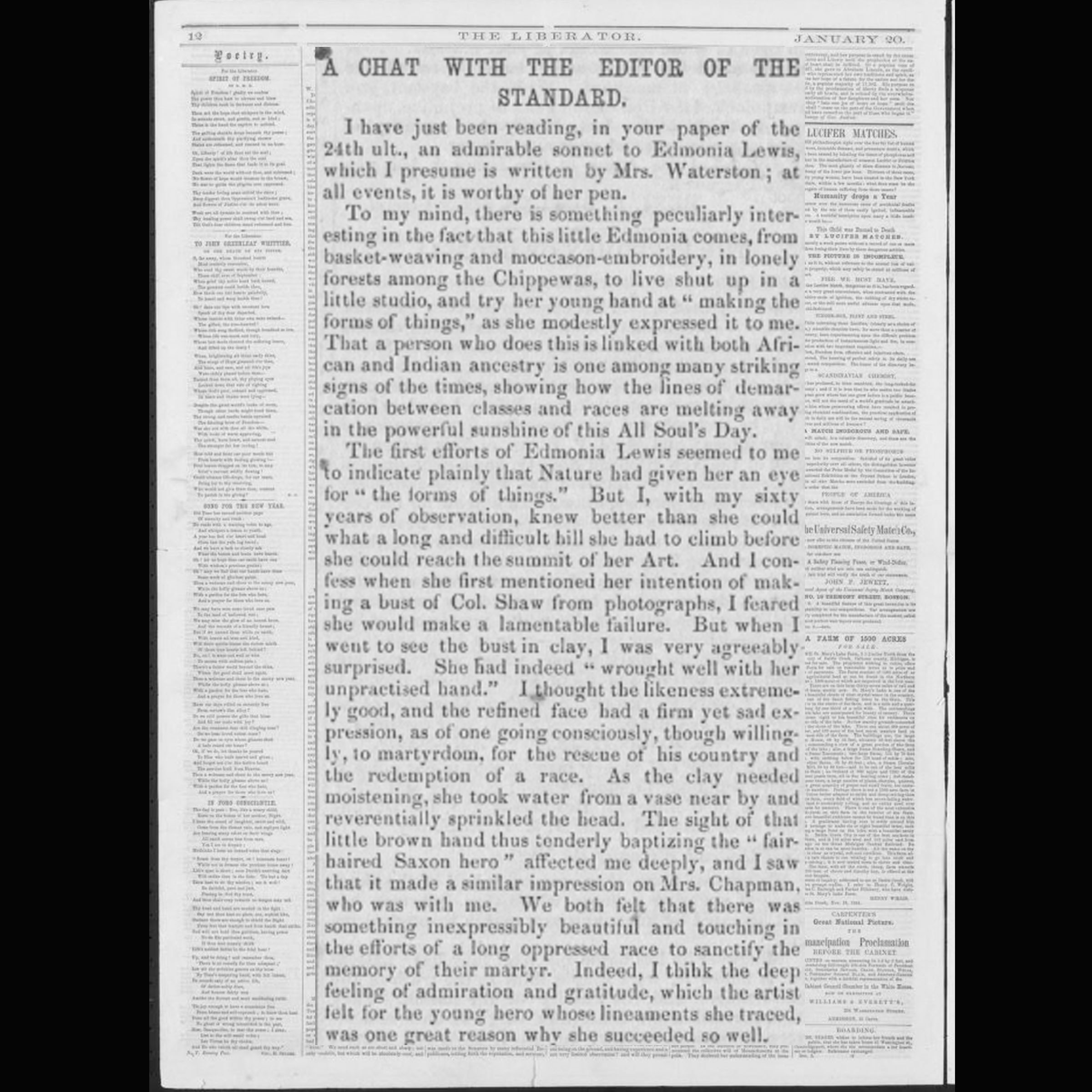 A zoomed in view of a page from the 19th-century publication, The Liberator.