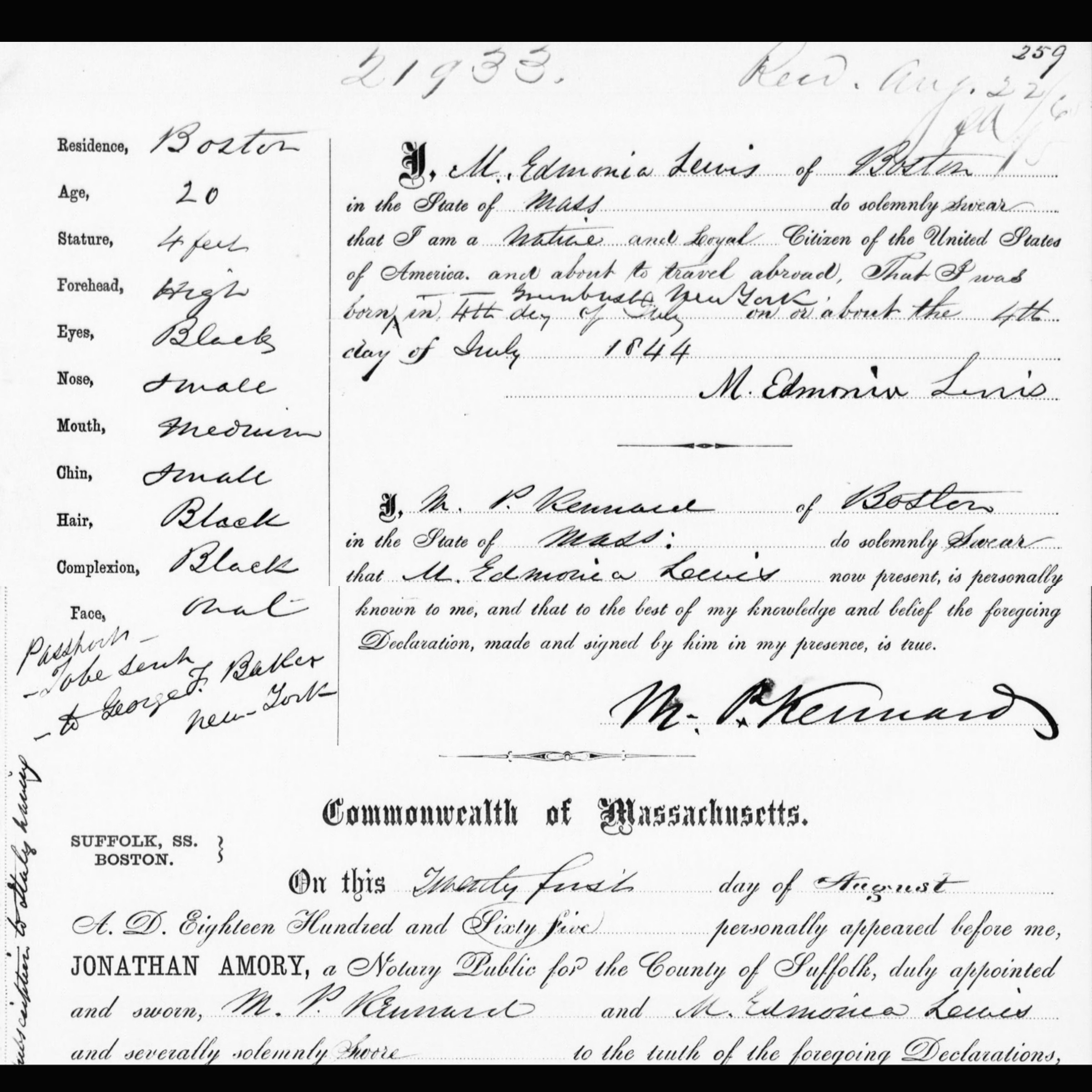 Commonwealth of Massachusetts passport signed by Edmonia Lewis.