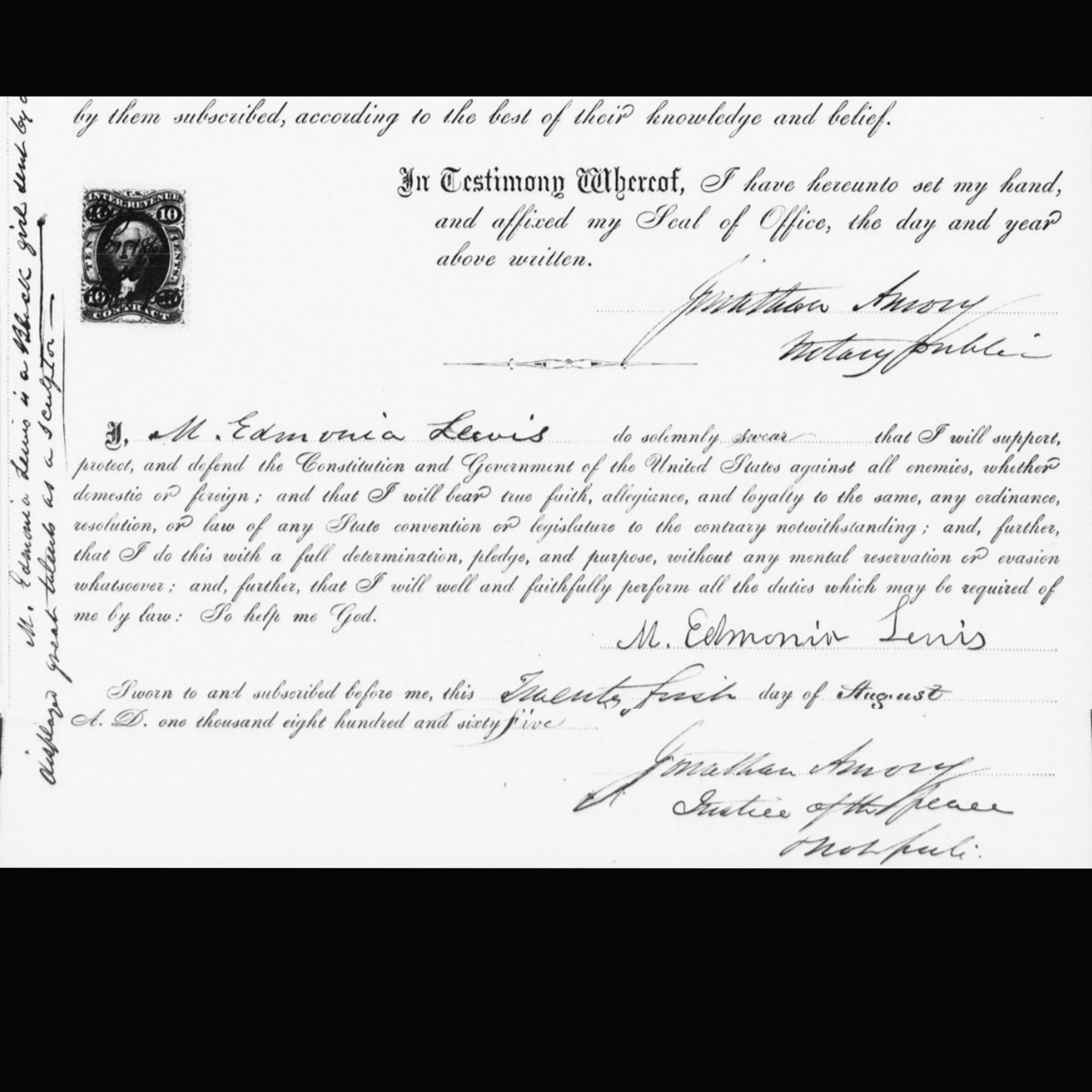 Zoomed and cropped version of Commonwealth of Massachusetts passport signed by Edmonia Lewis.