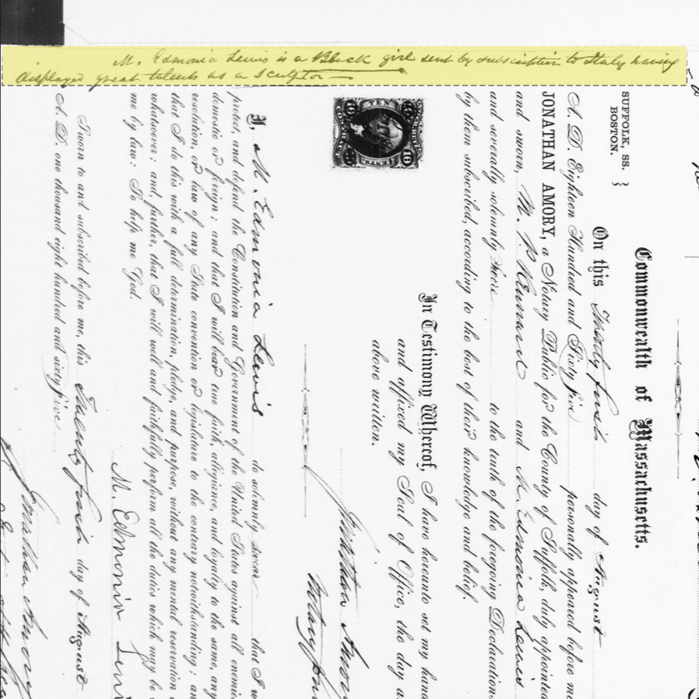 Rotated version of Commonwealth of Massachusetts passport signed by Edmonia Lewis.