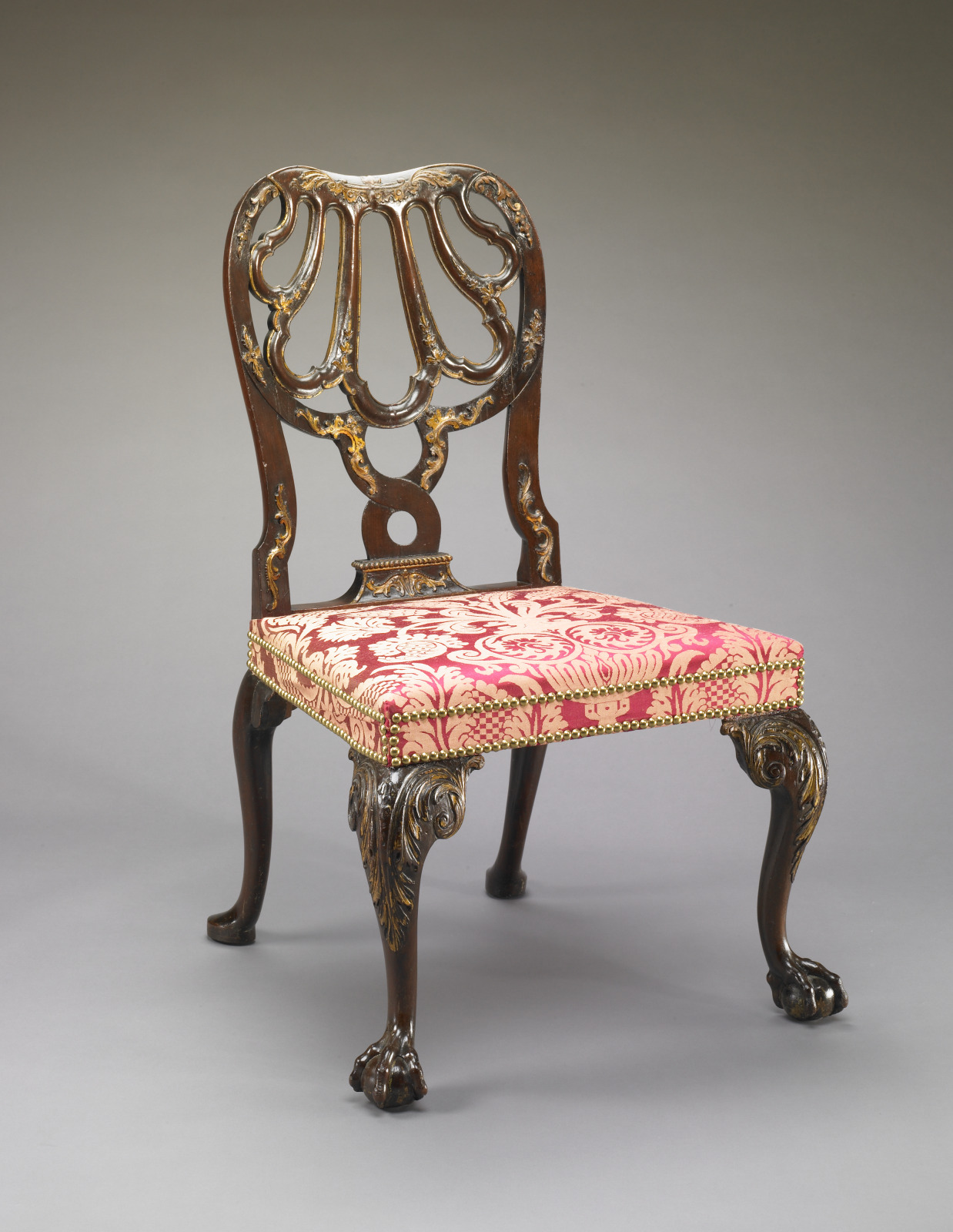 Chair, English, c.1745, Mahogany, gilding, and reproduction silk damask upholstery