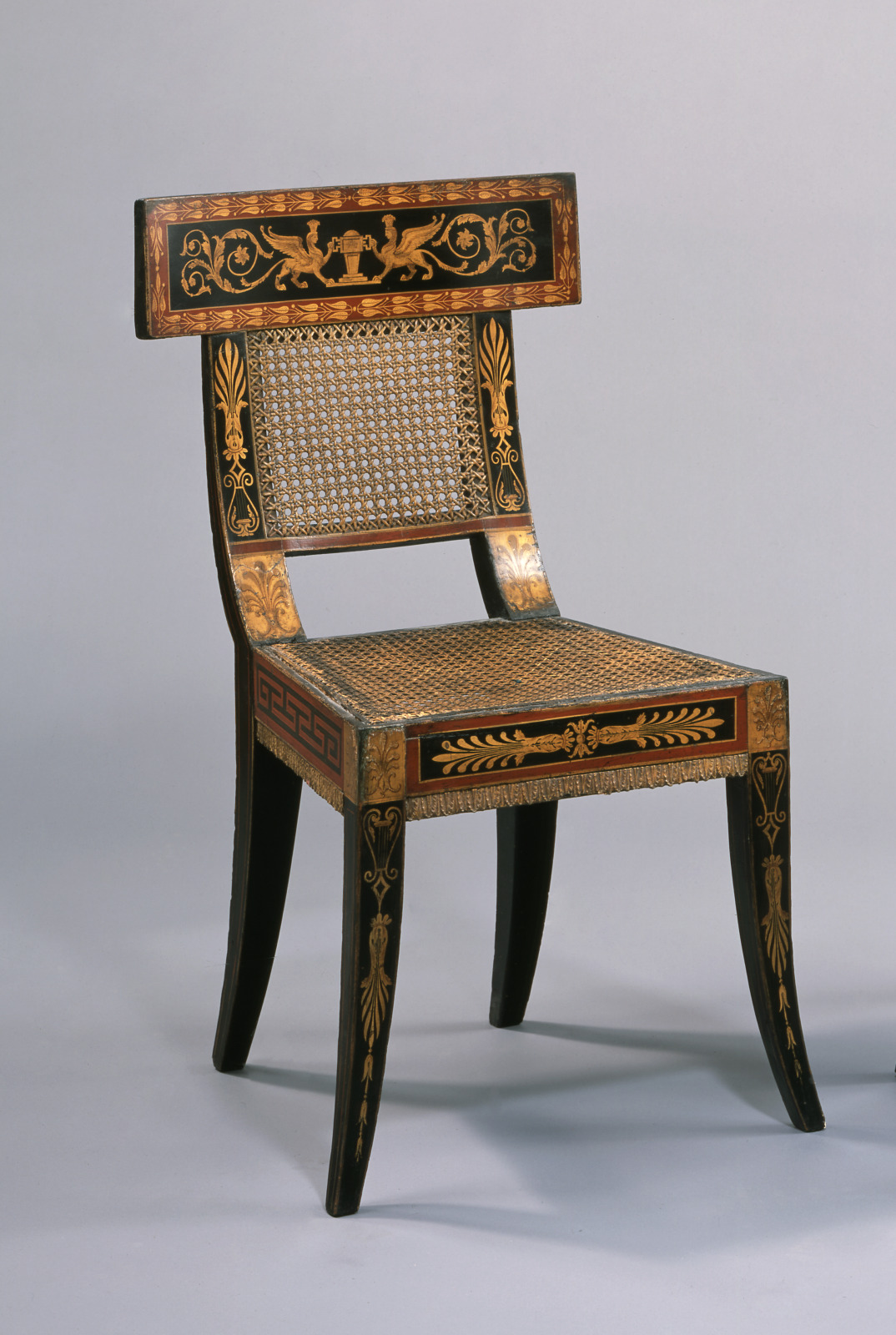 Chair, Benjamin Henry Latrobe, American (born England), 1764–1820, 1808, Painted and gilded yellow poplar, white oak, and wh…