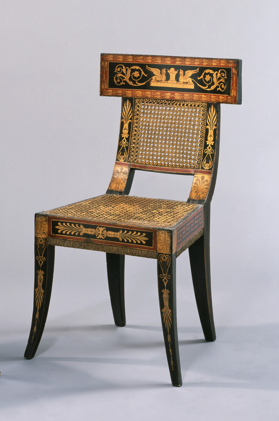 Chair, Benjamin Henry Latrobe, American (born England), 1764–1820, 1808, Painted and gilded yellow poplar, white oak, and wh…
