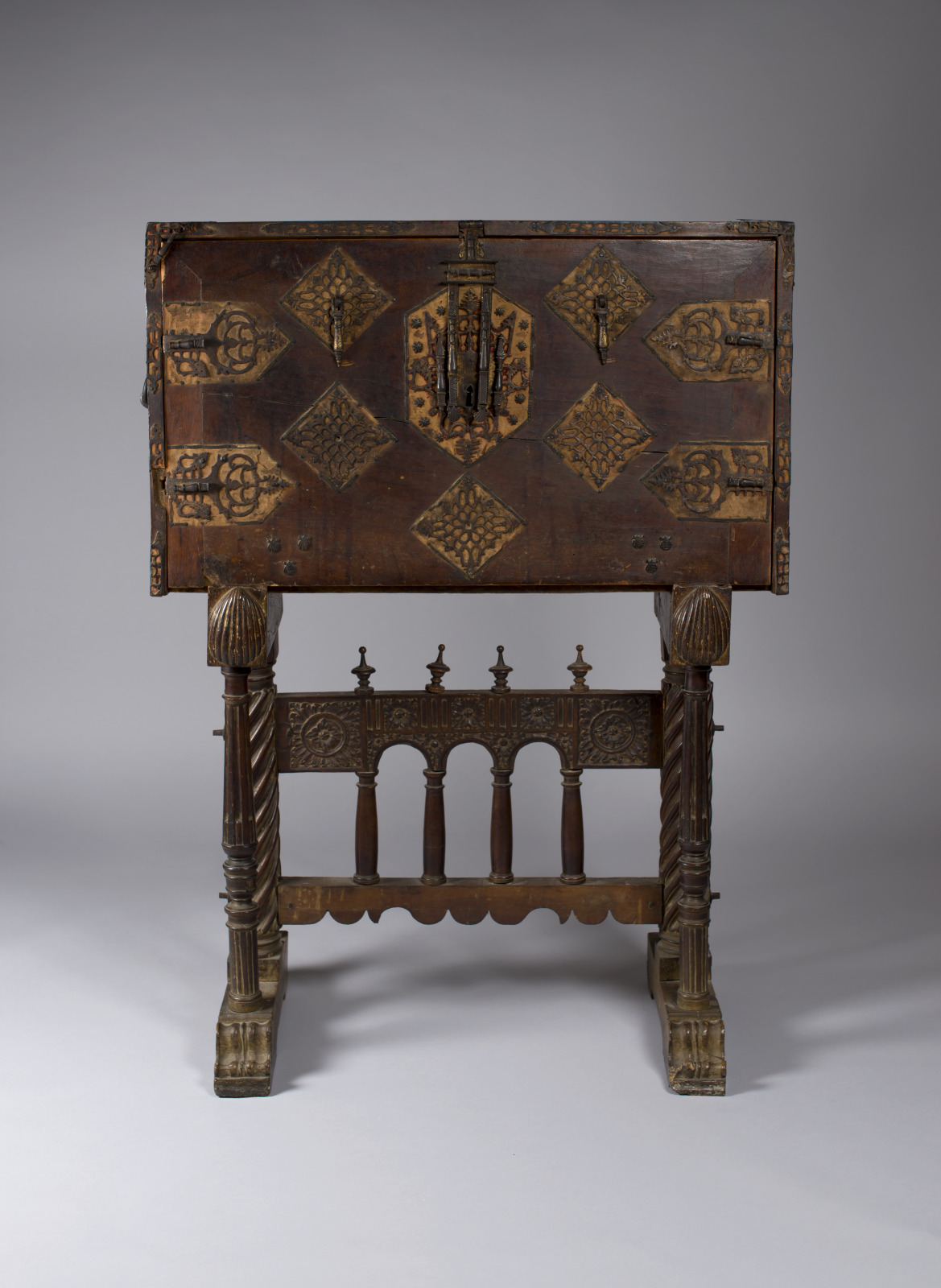 Vargueño, Spanish, 16th century, Walnut, bone or ivory, leather, and velvet