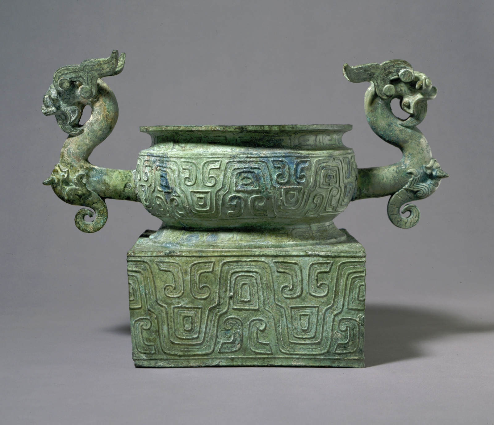 Grain Vessel (gui) with Square Base, Design of Coiled Serpents, and Handles in the Form of Dragons