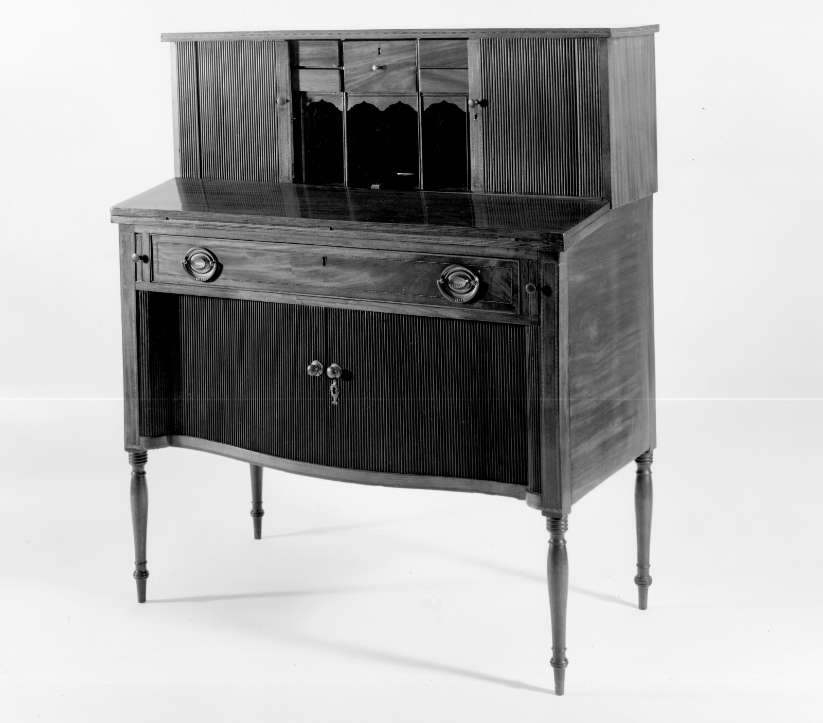 Tambour Desk, American, 1800–1815, Mahogany, mahogany veneer, chestnut, white pine, baize, and brass