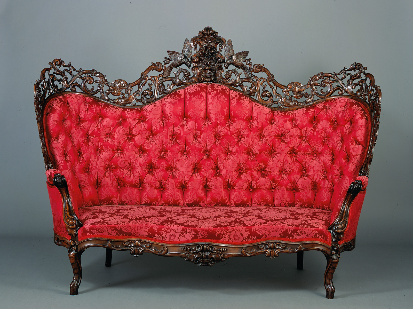 Sofa, American, c.1850–60, Rosewood, chestnut, and replacement silk damask upholstery