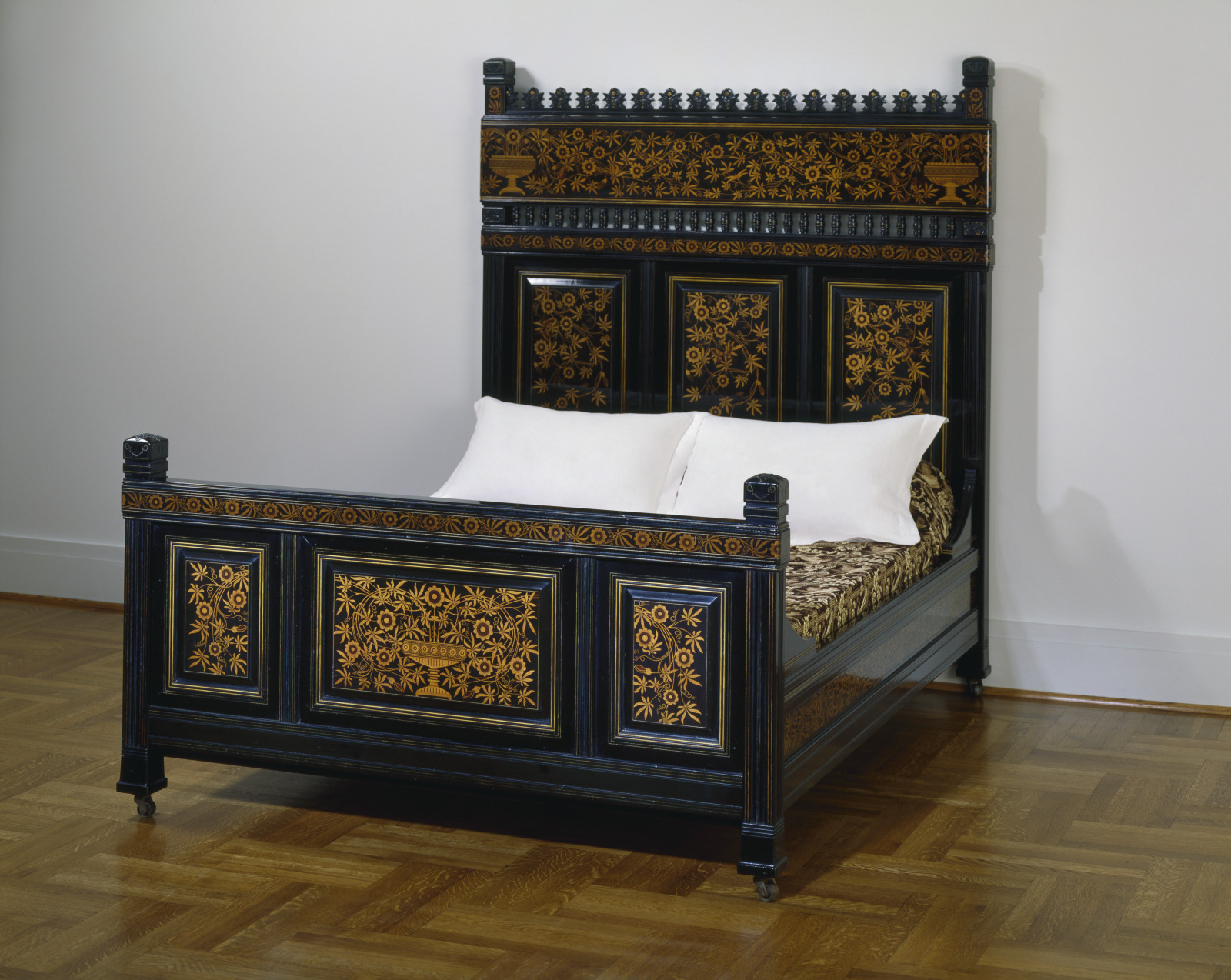 Bed, Herter Brothers, New York, New York, active 1864–1906, 1879, Ebonized cherry, holly and purpleheart marquetry, white pi…
