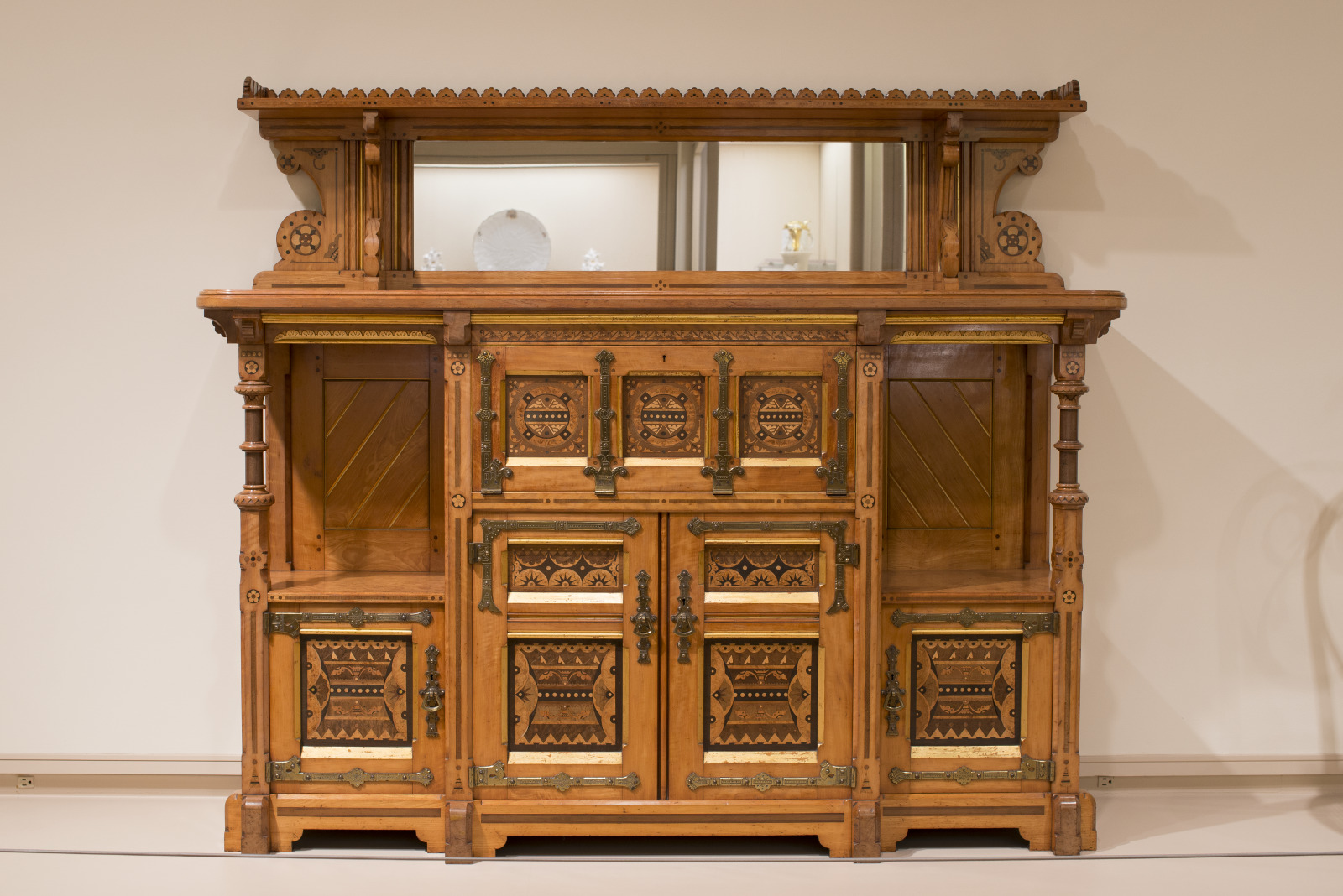 Cabinet, Charles Bevan, English, active 1865–1883, 1865–66, Satinwood, ash, amboyna, purpleheart, harewood, mirrored glass,…