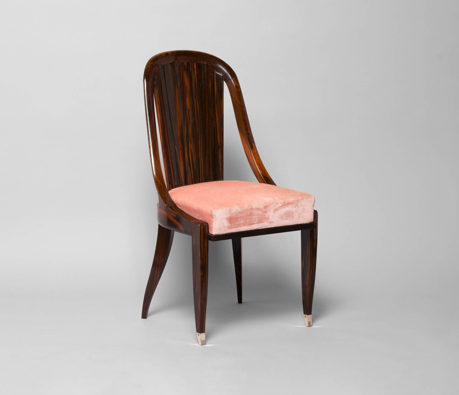 Side Chair, Émile-Jacques Ruhlmann, French, 1879–1933, 1926, Macassar ebony, silvered bronze, replacement silk and cotton ve…