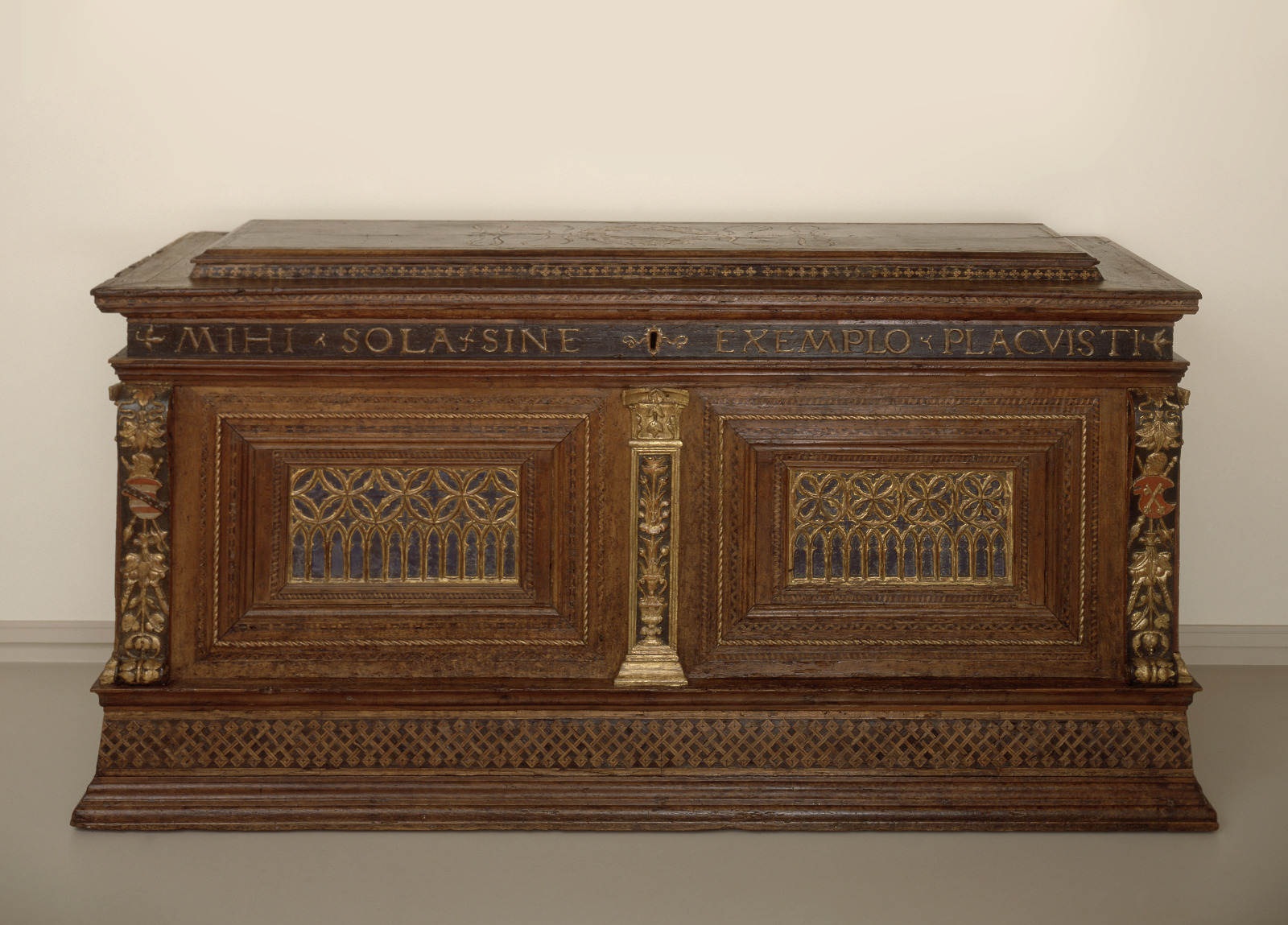 Cassone, Italian, 15th century, English walnut, white oak, euonymus, fruit woods, and parchment