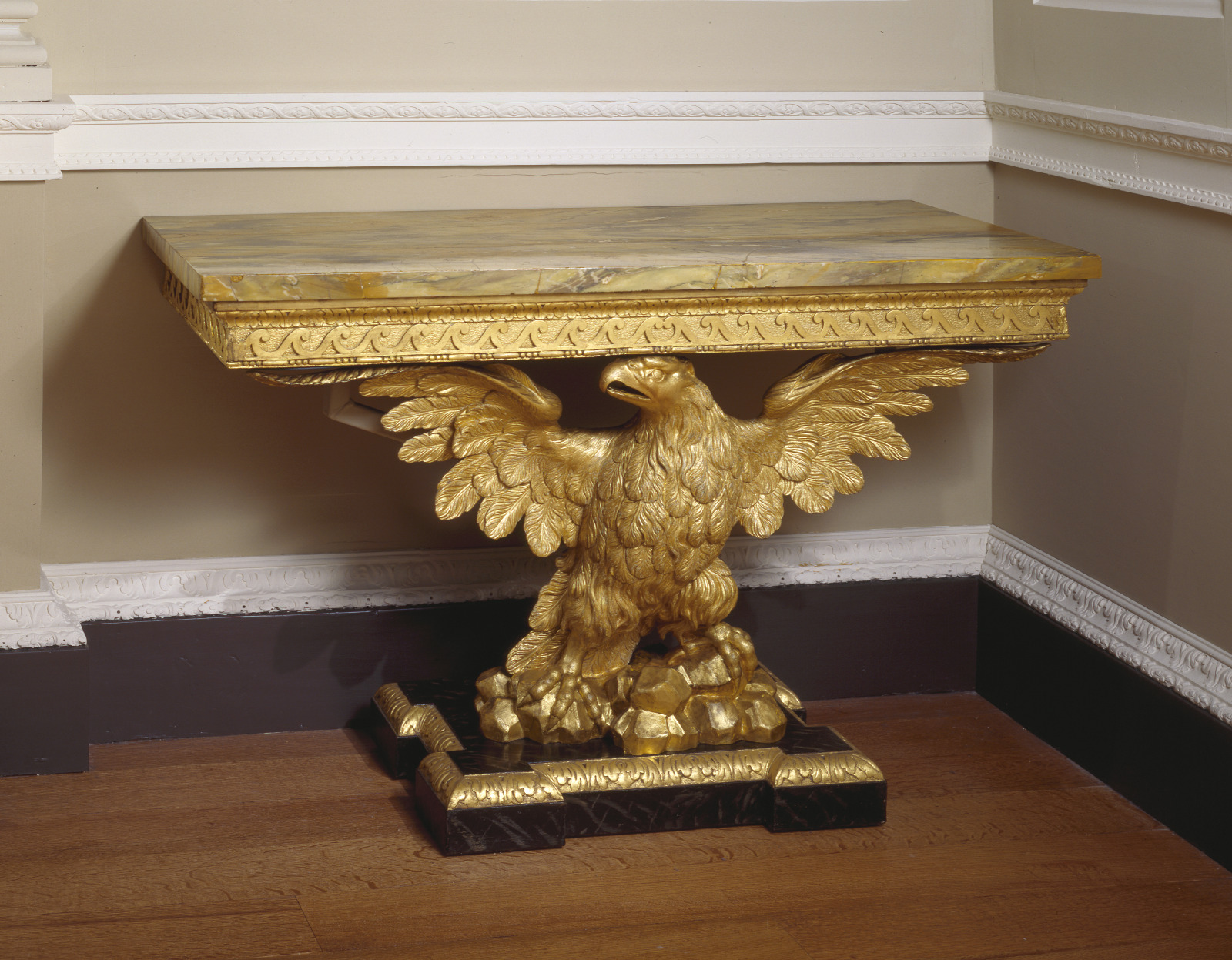 Console Table, English, c.1740, Gilded and painted wood and marble