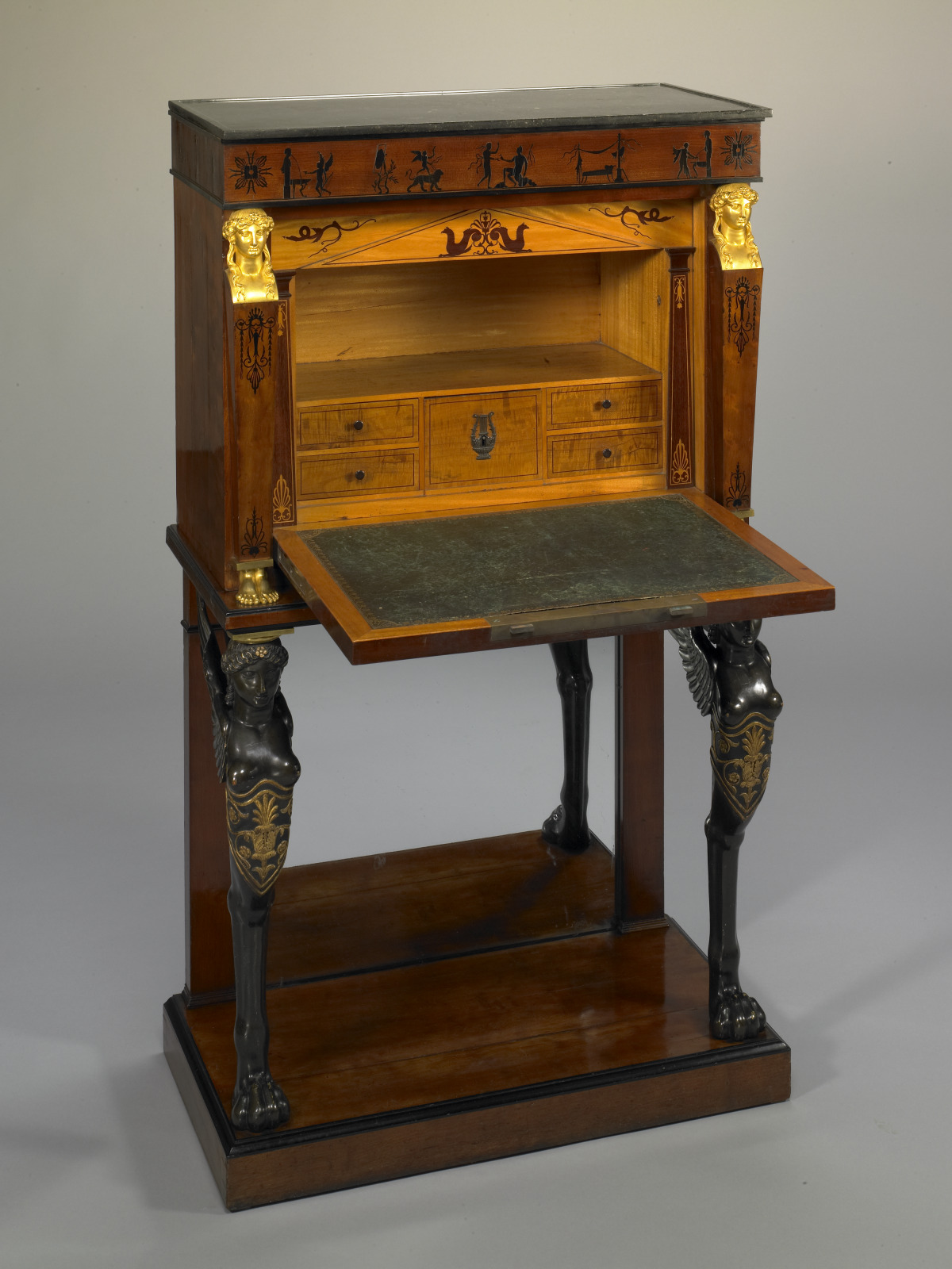 Fall-front Desk (Bonheur-du-jour), Charles-Joseph Lemarchand, French, 1759–1826, c.1800–1805, Mahogany, ebony, oak, marble,…