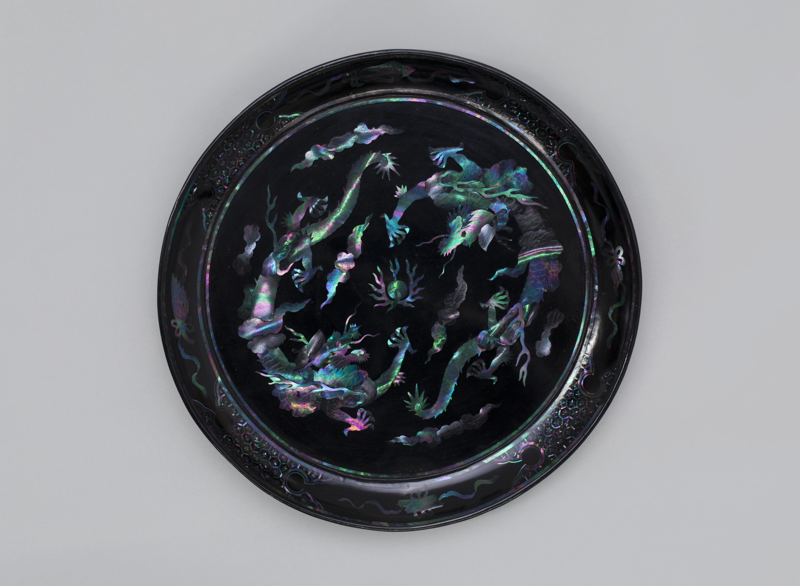 Dish with Design of Two Dragons Chasing a Flaming Pearl amidst Clouds