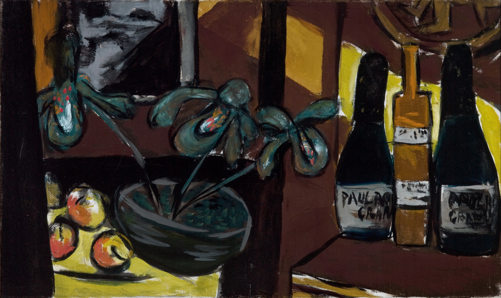 Still Life on Brown and Yellow (Champagne Bottles and Orchids