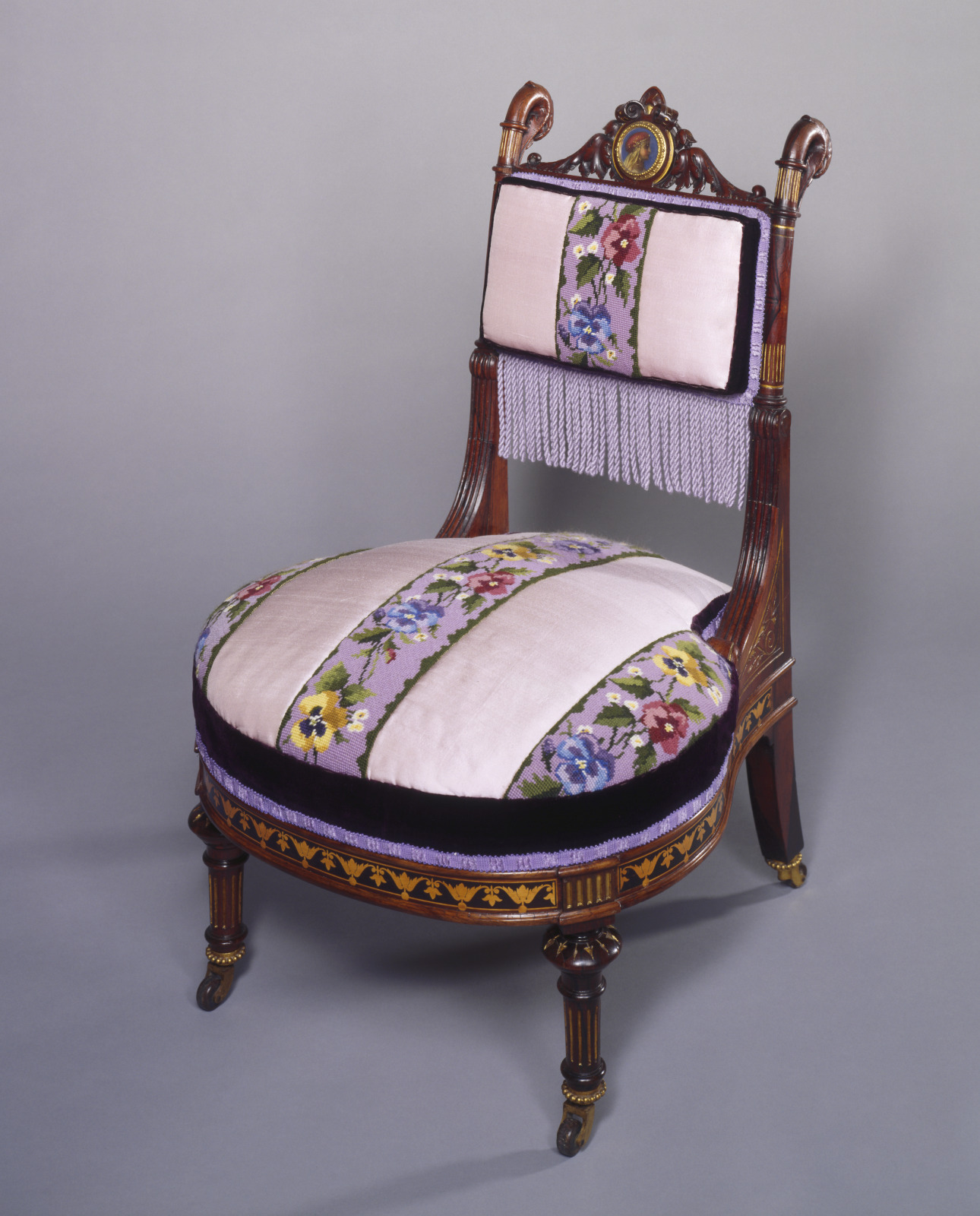 Sewing Chair, Herter Brothers, New York, New York, active 1864–1906, c.1870, Rosewood, light and dark wood marquetry, ash, p…