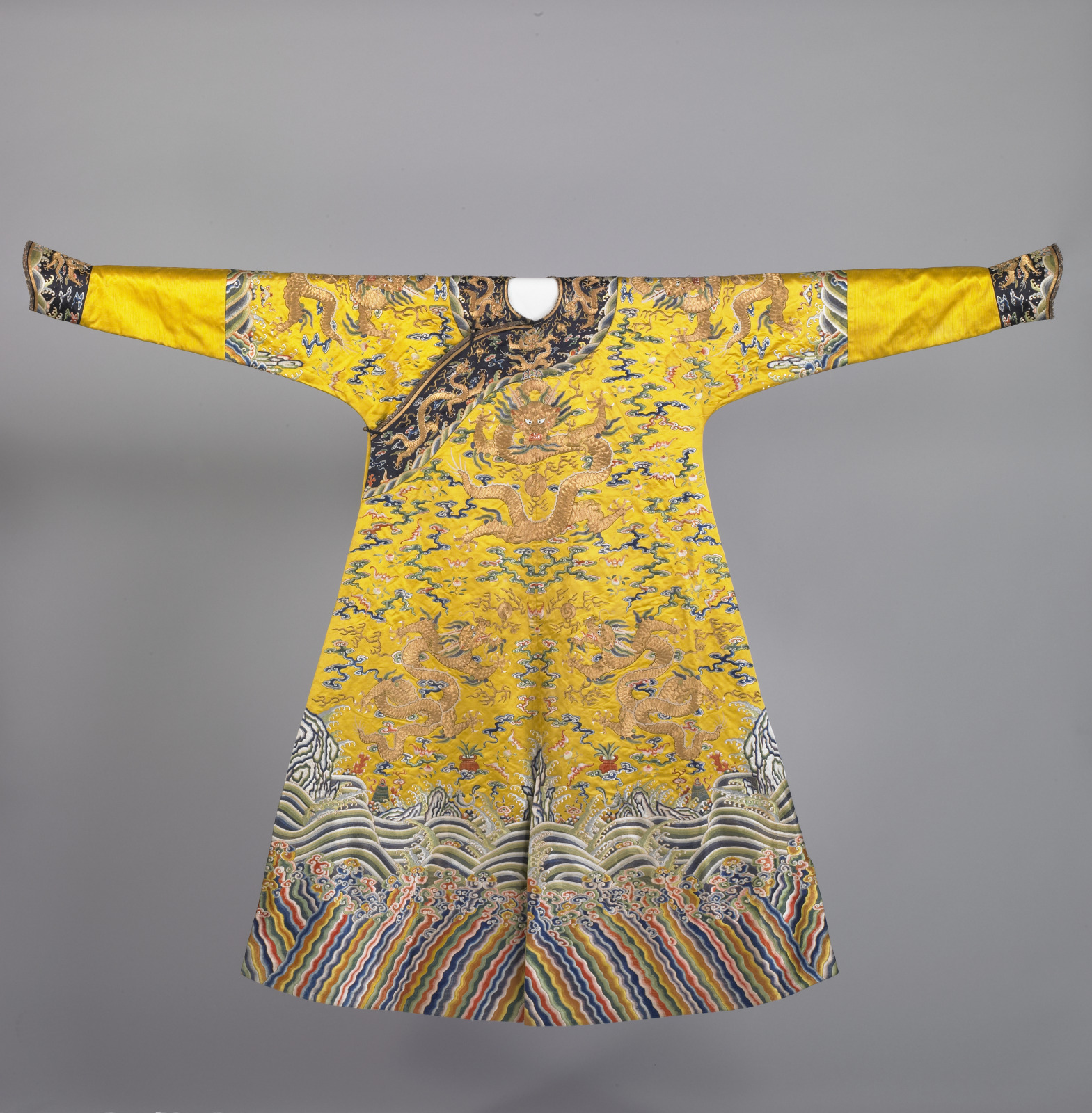 Emperor’s Semiformal Court Robe with Design of Nine Five-Clawed Dragons, Clouds, Bats, and Auspicious Motifs